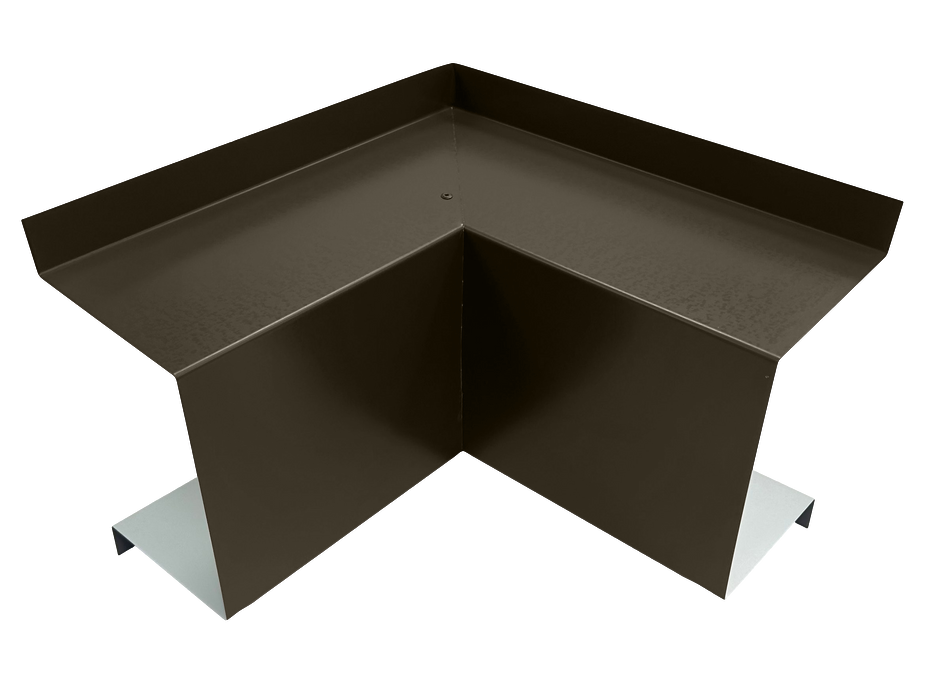 A Perma Cover Commercial Series - 24 Gauge Line Set Cover Inside Corner Elbows - Premium Quality brown metal corner flashing piece with an angular, V-shaped design intended for roof installations or weatherproofing corners. It features a slightly raised edge along the top and two flat base extensions for attachment or support, making it ideal for inside corner elbows in HVAC line set covers.