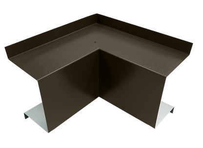 A Perma Cover Commercial Series - 24 Gauge Line Set Cover Inside Corner Elbows - Premium Quality brown metal corner flashing piece with an angular, V-shaped design intended for roof installations or weatherproofing corners. It features a slightly raised edge along the top and two flat base extensions for attachment or support, making it ideal for inside corner elbows in HVAC line set covers.
