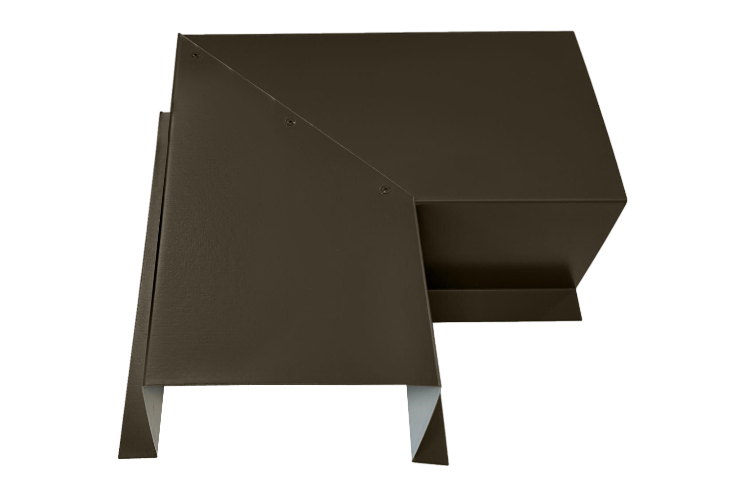 A three-dimensional, brown metal object with angular, geometric shapes, featuring a triangular section connected to a rectangular base. Made from premium quality 24 gauge steel, the object appears to be an abstract structural component or piece of modern art. This is the Perma Cover Commercial Series - 24 Gauge Line Set Cover Side Turning Elbows - Premium Quality.
