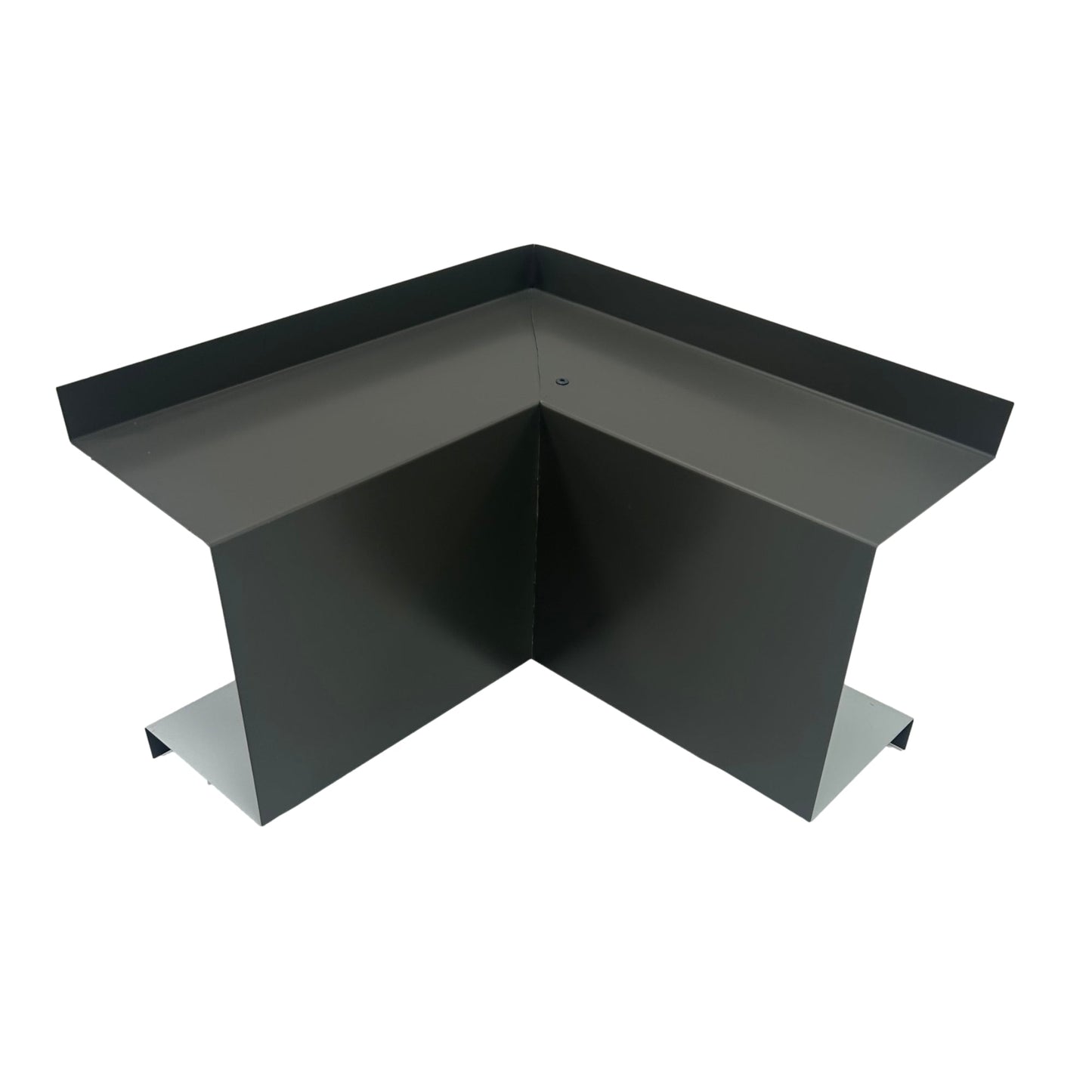 A folded black metal corner gutter piece with two flat sides forming a right angle, similar to Residential Series - Line Set Cover Inside Corner Elbows - Premium Quality from Perma Cover used in HVAC installations. There is a small screw with a washer at the intersection point of the two sides. The piece is designed for roofing or gutter systems to manage rainwater flow.