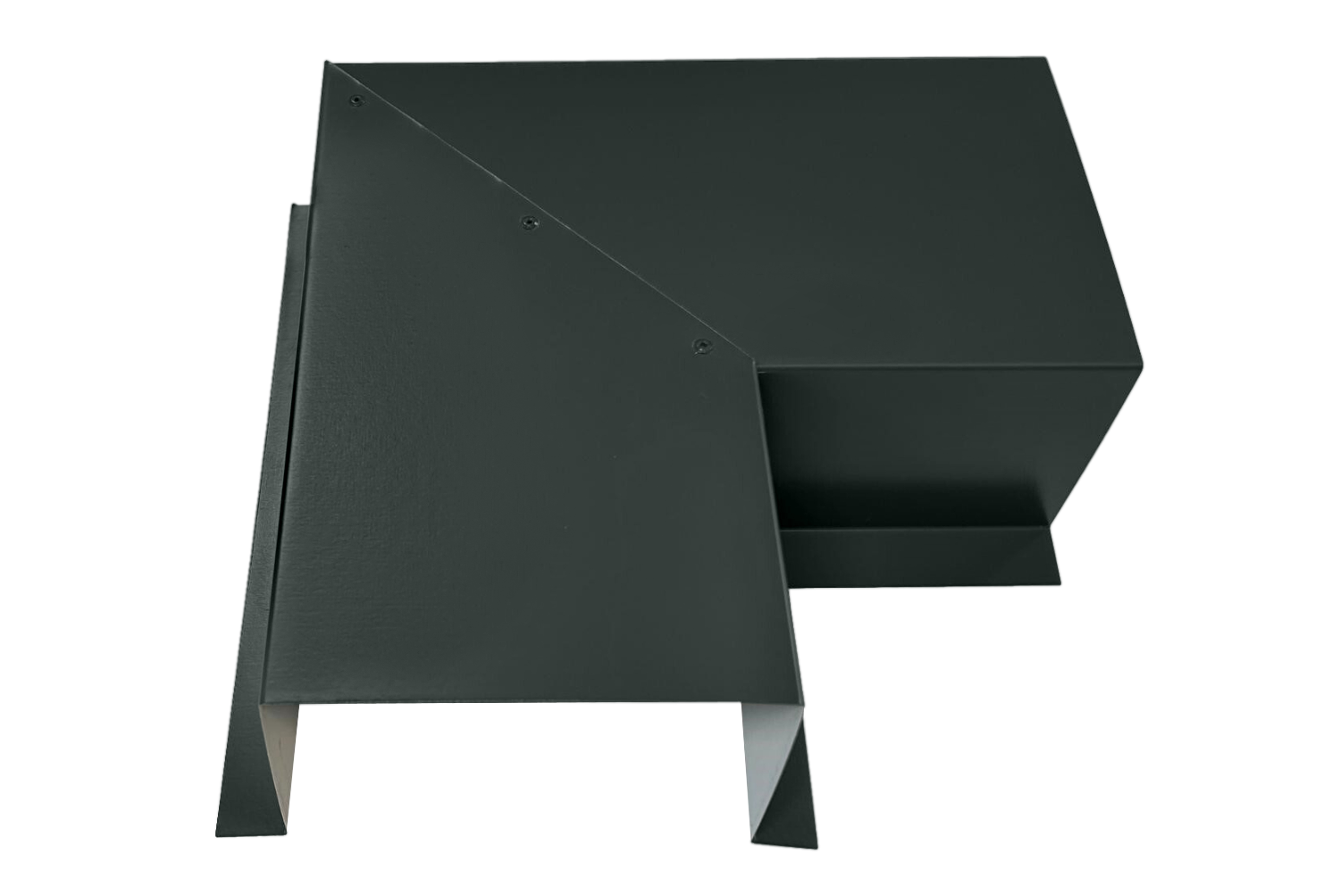 A dark green, angular metal structure with a geometric design, consisting of several intersecting planes and sharp edges. Crafted from premium quality 24 gauge steel, the Perma Cover Commercial Series - 24 Gauge Line Set Cover Side Turning Elbows - Premium Quality appears modern and abstract, suitable for architectural or design purposes.