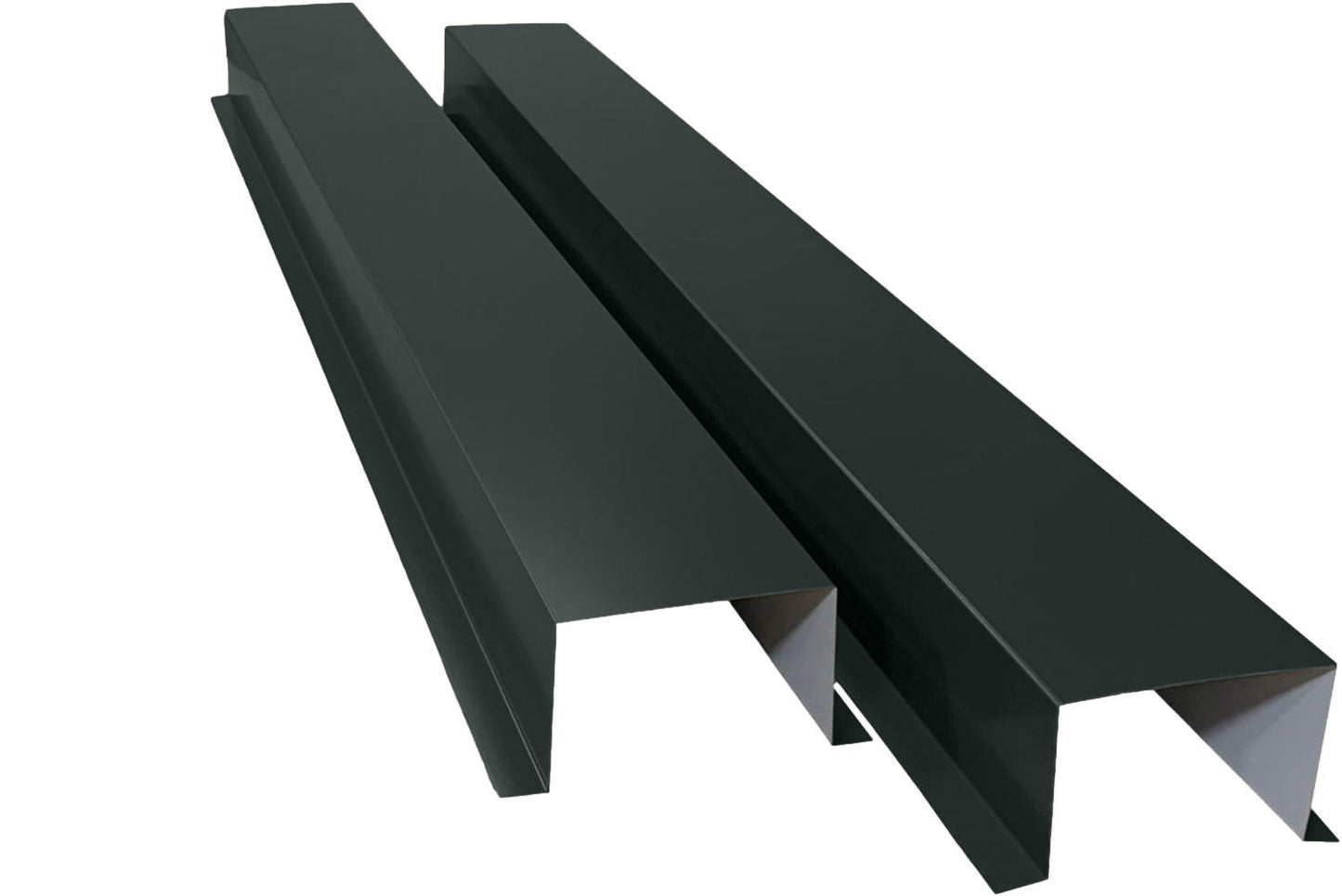Two dark-colored, L-shaped metal flashing pieces made from Commercial Series - 24 Gauge Painted Metal HVAC Line Set Covers - Heavy Duty, Multiple Sizes & Colors by Perma Cover are positioned parallel to each other. The smooth surface and sharp, clean edges give them a sleek and modern appearance, perfect for HVAC line protection in commercial settings.