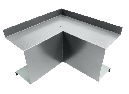 A metal duct elbow fitting with a 90-degree angle, used for redirecting airflow in HVAC systems. This Perma Cover Commercial Series - 24 Gauge Line Set Cover Inside Corner Elbows - Premium Quality features a shiny silver surface and sharp, clean edges, ensuring premium quality in your HVAC line set cover installation.