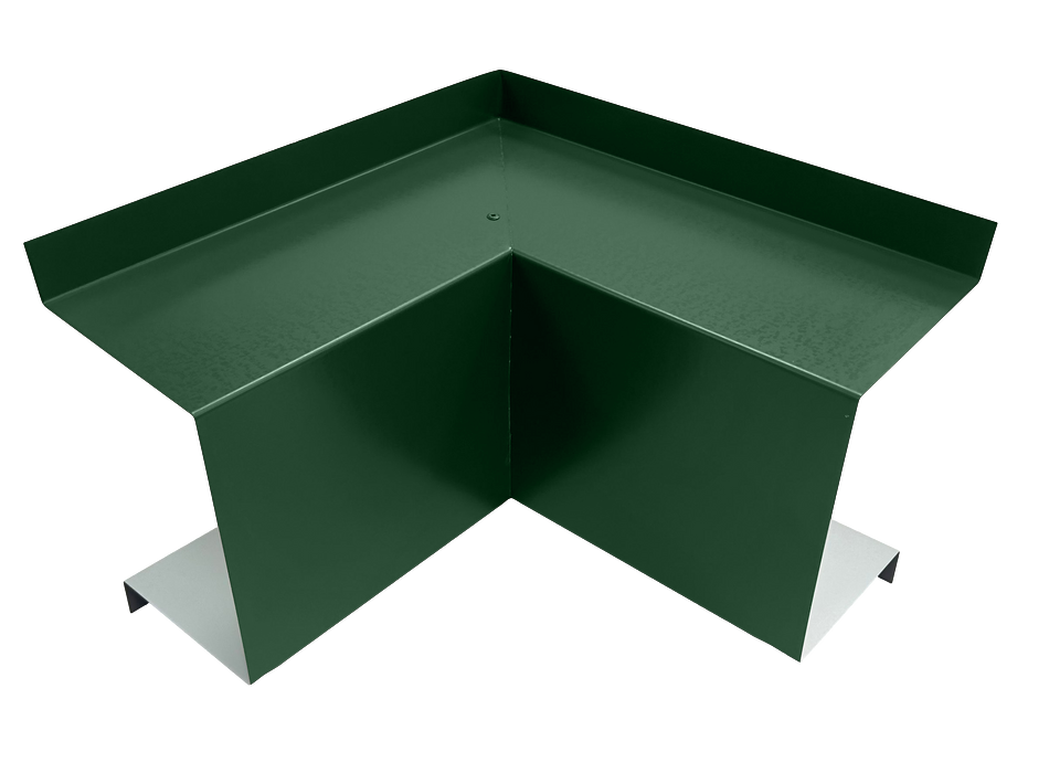 A green metal corner piece with folded flanges, designed for structural or building applications. The premium quality piece has a smooth surface and sharp, precise edges, forming a right-angle shape. Ideal for HVAC line set cover installations where Perma Cover Commercial Series - 24 Gauge Line Set Cover Inside Corner Elbows - Premium Quality are essential.