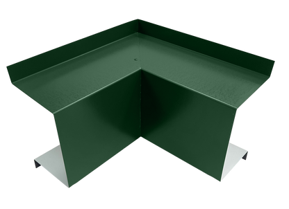 A green metal corner piece with folded flanges, designed for structural or building applications. The premium quality piece has a smooth surface and sharp, precise edges, forming a right-angle shape. Ideal for HVAC line set cover installations where Perma Cover Commercial Series - 24 Gauge Line Set Cover Inside Corner Elbows - Premium Quality are essential.