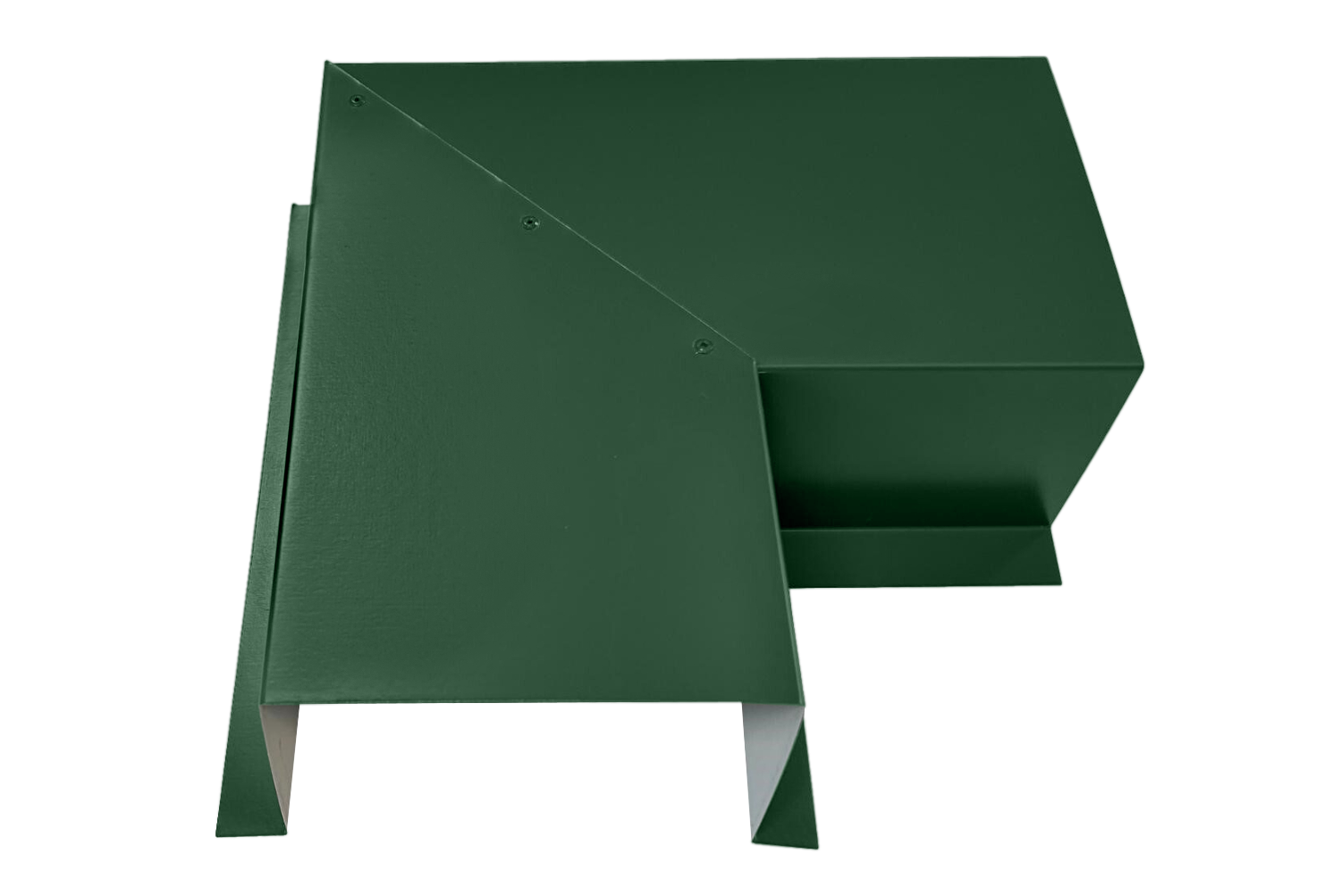 An angular, green metal object with multiple flat surfaces, an overhanging section, and a protruding narrow platform. Crafted from premium quality 24 gauge steel with sharp edges and small fasteners, its design suggests easy installation as a component in construction or machinery. This meticulously crafted piece is the Commercial Series - 24 Gauge Line Set Cover Side Turning Elbows - Premium Quality by Perma Cover.