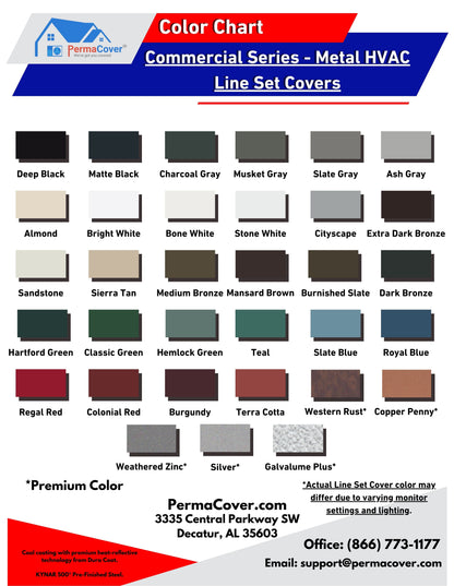 A color chart titled "Commercial Series - 24 Gauge Painted Metal HVAC Line Set Covers - Heavy Duty, Multiple Sizes & Colors" by Perma Cover, featuring 24 Gauge Painted Metal samples with names like "Deep Black," "Bronze Smoke," and "Western Rust." Contact information and notes about premium colors are at the bottom.