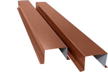 Two brown metal flashing pieces are shown side by side. The 24 gauge painted metal pieces are L-shaped with a matte finish and appear to be used for construction or roofing purposes, potentially serving as part of the Perma Cover Commercial Series - 24 Gauge Painted Metal HVAC Line Set Covers - Heavy Duty, Multiple Sizes & Colors.