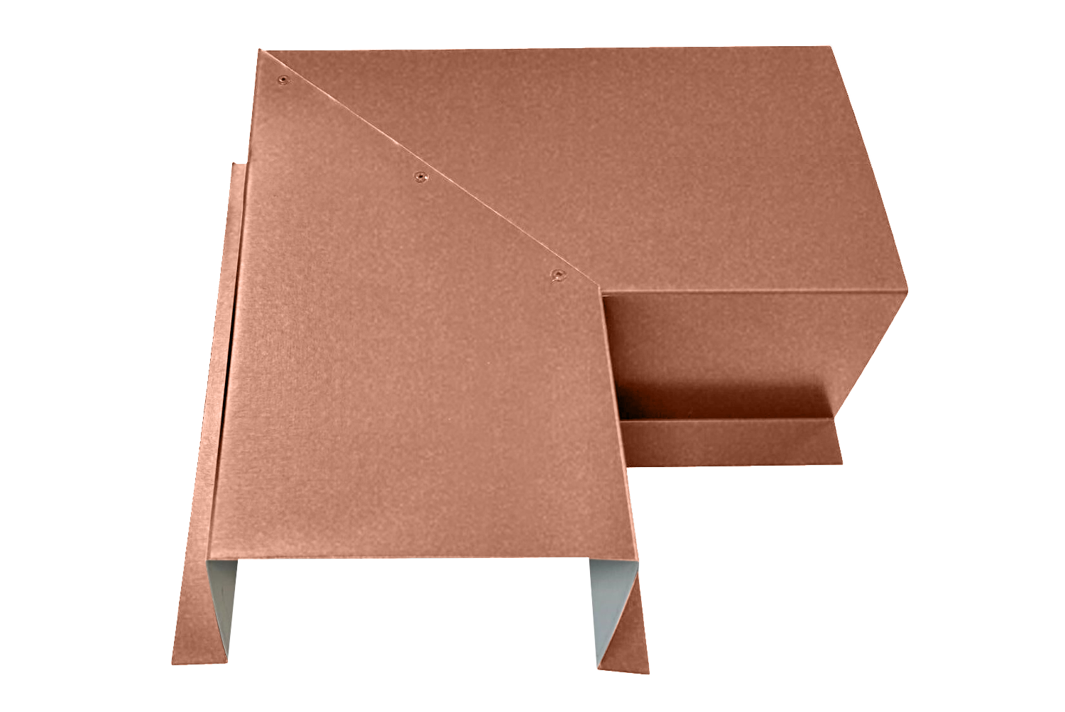 A 3D rendering of a copper-colored, L-shaped object made of premium quality 24 gauge steel bent sheet metal, featuring clean edges and a smooth surface. The object has a modern and minimalist design with sharp angles and folds, with one side appearing to be taller than the other. This is the Perma Cover Commercial Series - 24 Gauge Line Set Cover Side Turning Elbows - Premium Quality.