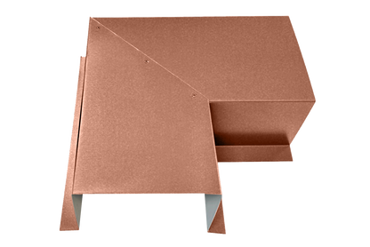 A 3D rendering of a copper-colored, L-shaped object made of premium quality 24 gauge steel bent sheet metal, featuring clean edges and a smooth surface. The object has a modern and minimalist design with sharp angles and folds, with one side appearing to be taller than the other. This is the Perma Cover Commercial Series - 24 Gauge Line Set Cover Side Turning Elbows - Premium Quality.
