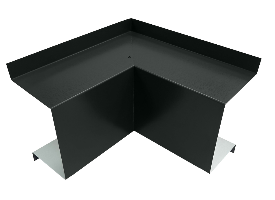 A black, L-shaped metal bracket with flanges on both ends and a raised edge on the top side, designed for supporting or mounting purposes. This Perma Cover Commercial Series - 24 Gauge Line Set Cover Inside Corner Elbows - Premium Quality has a matte finish and is displayed against a plain white background.
