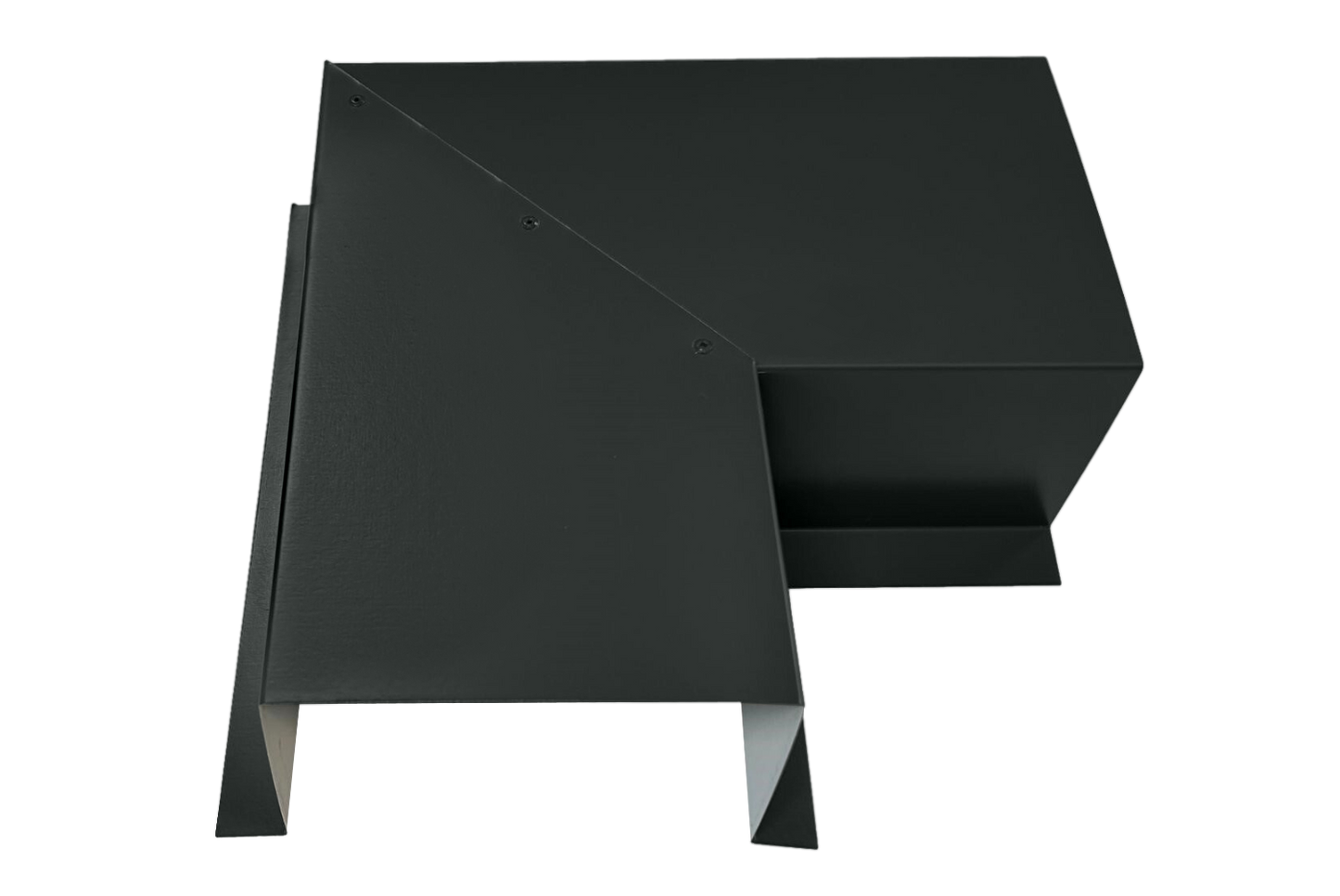 A black, abstract-shaped metal bracket made of premium quality 24 gauge steel with sharp angles. One part extends horizontally while another section angles downward, creating an L-like form. The object has a modern, industrial appearance and is designed for easy installation as an HVAC line set cover: the Perma Cover Commercial Series - 24 Gauge Line Set Cover Side Turning Elbows - Premium Quality.