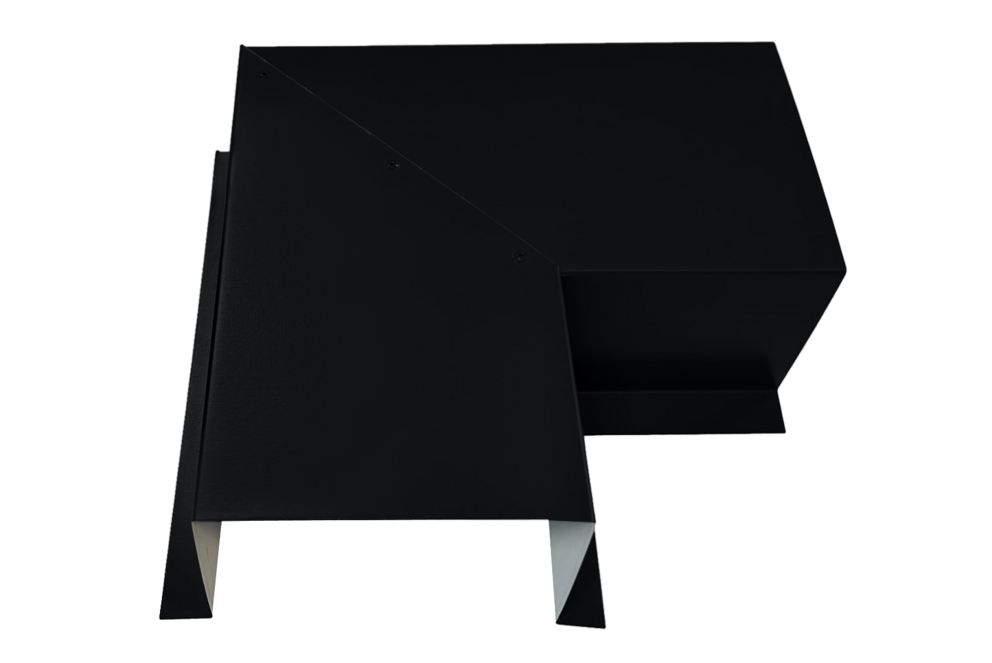 A minimalist, black, geometric-shaped metal structure viewed from an angled top perspective. Constructed from premium quality 24 gauge steel, the design features intersecting lines and angled surfaces, creating a modern, abstract appearance. This is the Commercial Series - 24 Gauge Line Set Cover Side Turning Elbows - Premium Quality by Perma Cover.