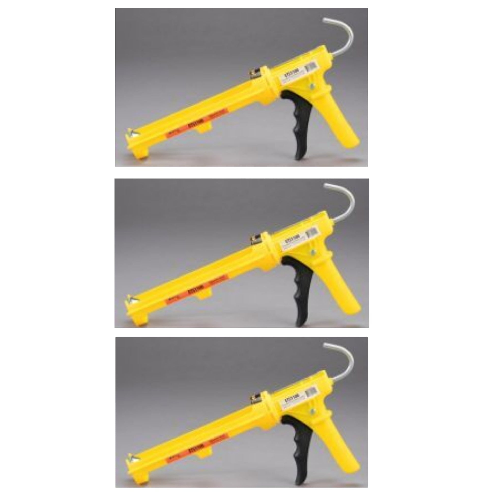 Three images showing the same yellow and black Perma Cover Dripless ETS1100 Caulking Gun - 10oz Composite Body, Full Time Dripless Function from different angles on a grey background. The lightweight composite body has a metal hook at the upper end and a trigger mechanism. The product is labeled with a barcode and some text, indicating its 10:1 thrust ratio.