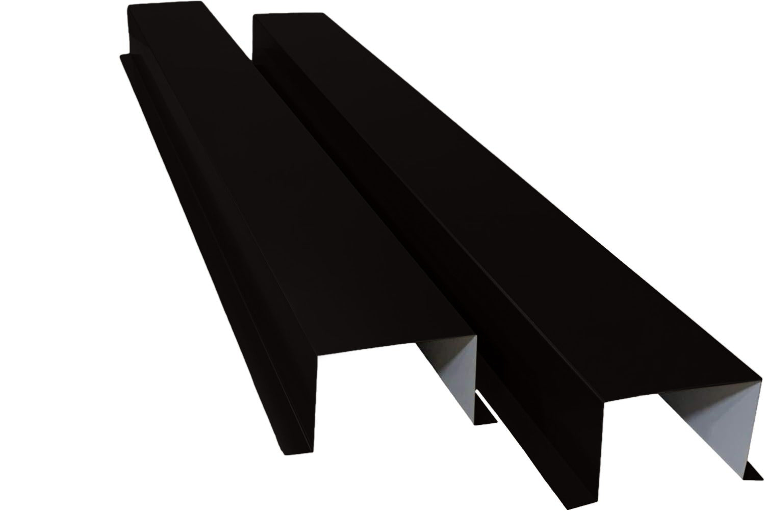 Two long, black steel brackets designed for Perma Cover Commercial Series - 24 Gauge Painted Metal HVAC Line Set Covers - Heavy Duty, Multiple Sizes & Colors are shown against a white background. Made from 24 Gauge Painted Metal, the brackets have a rectangular cross-section with one shorter side, likely for mounting or structural support purposes and HVAC line protection.