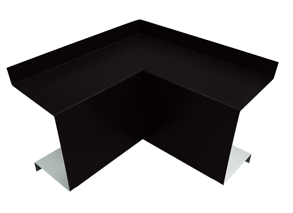 A black, geometric, L-shaped object with flat surfaces and angular lines. The piece is elevated on two white supports at either end of the lower leg. The design is minimalist and modern, suggesting it could be a Commercial Series - 24 Gauge Line Set Cover Inside Corner Elbows - Premium Quality by Perma Cover.