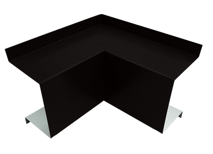 A black, geometric, L-shaped object with flat surfaces and angular lines. The piece is elevated on two white supports at either end of the lower leg. The design is minimalist and modern, suggesting it could be a Commercial Series - 24 Gauge Line Set Cover Inside Corner Elbows - Premium Quality by Perma Cover.
