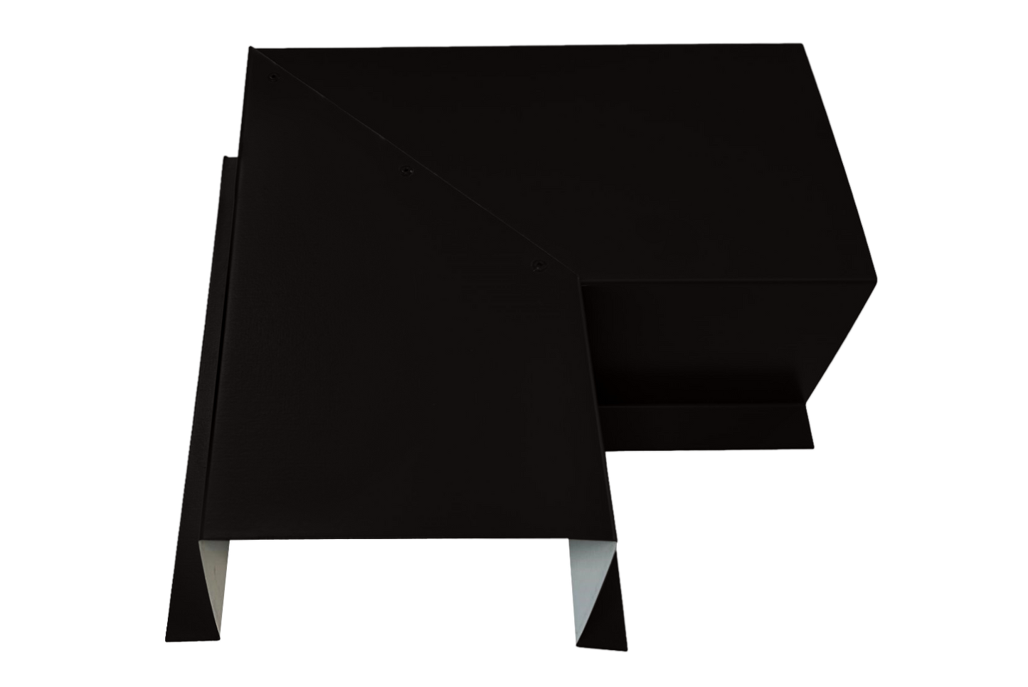 A black, geometric, and abstract modern art sculpture featuring sharp angles and folded sections crafted from Premium Quality 24 Gauge Line Set Cover Side Turning Elbows of the Commercial Series by Perma Cover. This intricate three-dimensional form casts shadows, adding depth and contrast to its appearance while ensuring durability for years to come.