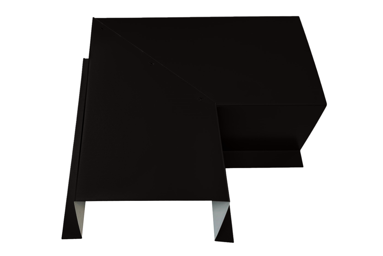 A black, geometric, and abstract modern art sculpture featuring sharp angles and folded sections crafted from Premium Quality 24 Gauge Line Set Cover Side Turning Elbows of the Commercial Series by Perma Cover. This intricate three-dimensional form casts shadows, adding depth and contrast to its appearance while ensuring durability for years to come.