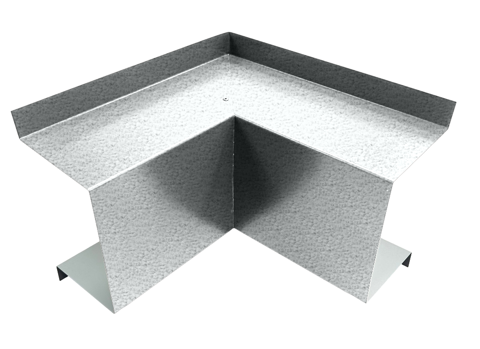 A Perma Cover Residential Series - Line Set Cover Inside Corner Elbows - Premium Quality in silver, designed to join two surfaces at a 90-degree angle. The cover features three flat planes and flanges for fastening, creating sturdy right-angle support commonly used in construction, furniture assembly, and HVAC installations.