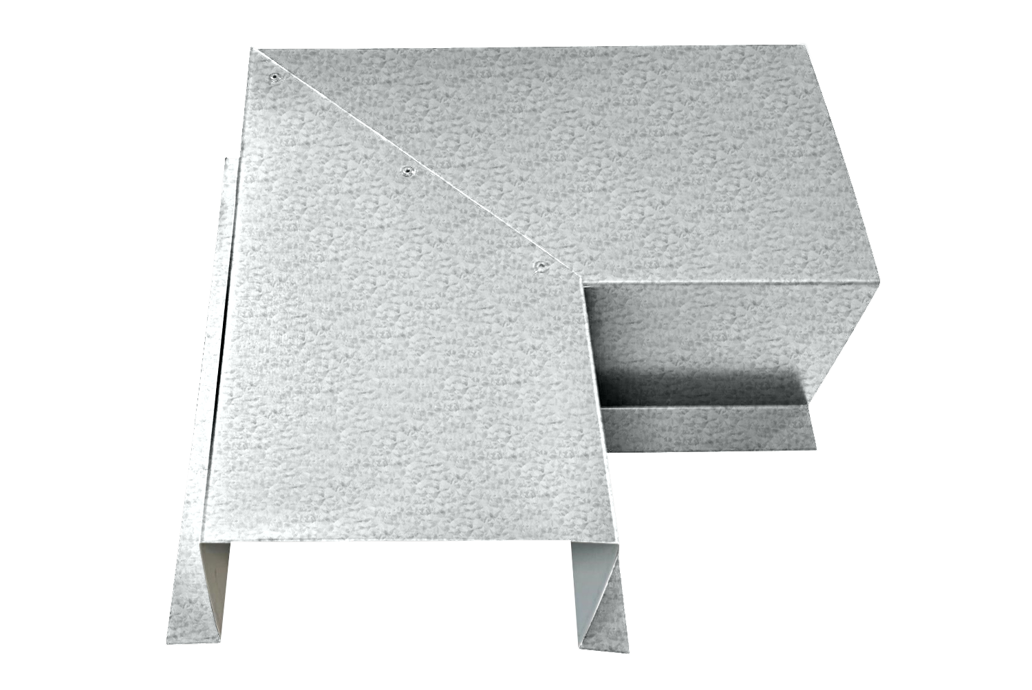 A textured, silver metal duct fitting with a rectangular shape and an angled section extending from the left side. Made from premium quality 24-gauge steel, it has a grainy, galvanized finish and appears designed for HVAC or industrial ventilation systems. The product is the Perma Cover Commercial Series - 24 Gauge Line Set Cover Side Turning Elbows - Premium Quality.