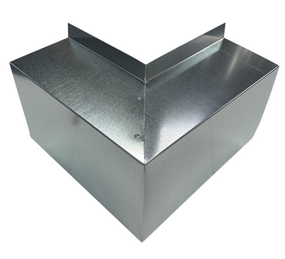 A shiny metallic corner duct piece with a V-shaped design, commonly used in HVAC systems for airflow direction, features a surface with slight texture. This **Residential Series - Line Set Cover Outside Corner Elbows - Premium Quality** from **Perma Cover** is composed of multiple joined sections with visible screws detailing the connection points and offers simple and easy installation.