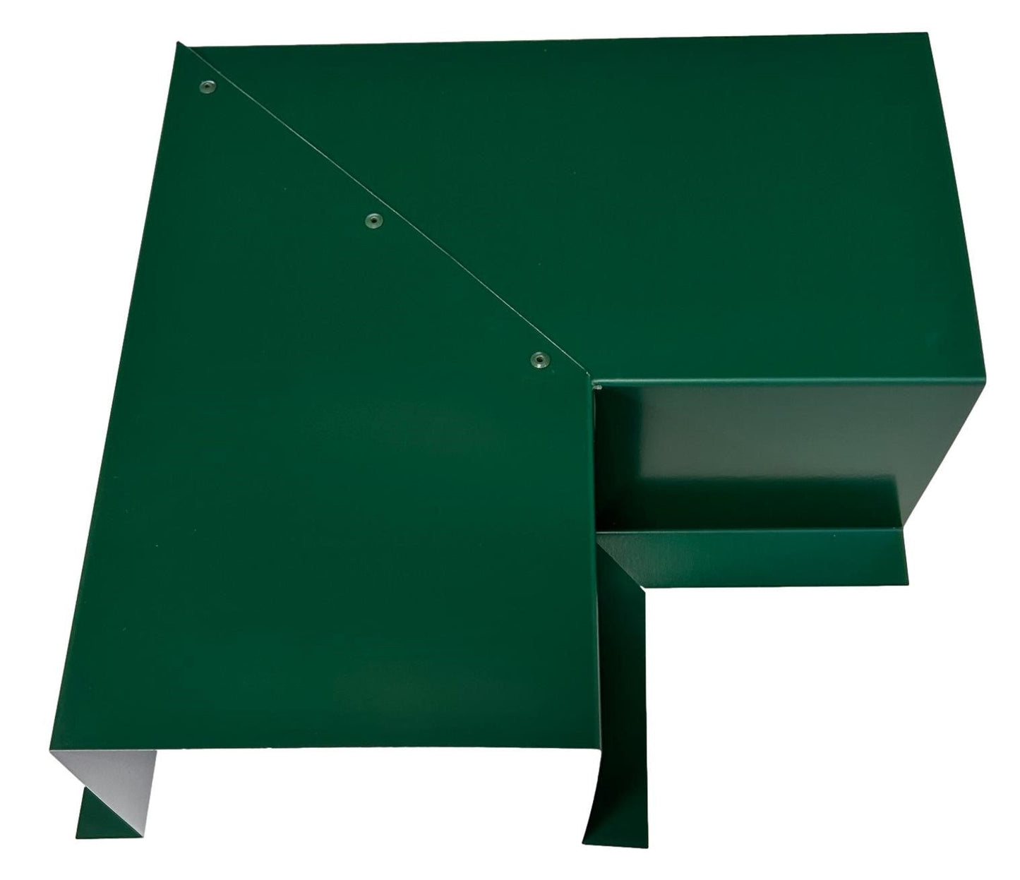 A green, geometric metal structure with multiple angled panels connected by screws. The design appears abstract with sharp lines and folds, forming an asymmetrical shape, and features Perma Cover Residential Series - Line Set Cover Side Turning Elbows - Premium Quality for easy installation.