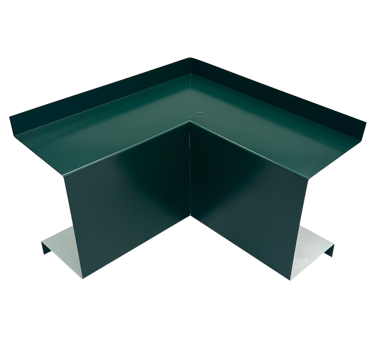 A green metal corner flashing piece with a 90-degree bend, designed for roofing, HVAC installations, or siding applications. The Perma Cover Residential Series - Line Set Cover Inside Corner Elbows - Premium Quality has a sleek, smooth surface and is placed upright against a white background.