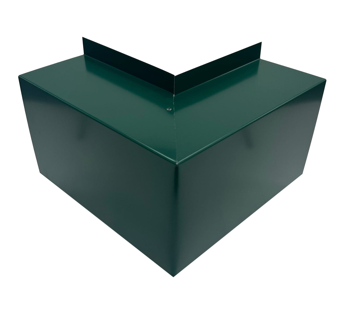 An image of a green metal Residential Series - Line Set Cover Outside Corner Elbows - Premium Quality designed for structural protection. The Perma Cover, featuring a triangular shape with sharp angles, is fabricated from a solid piece of metal, showing precision bends and a smooth finish. Its simple and easy installation makes it ideal for various applications. The background is plain white.