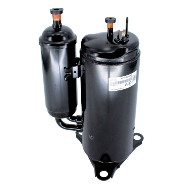 MRCOOL Compressor 11103020000179 showing black compressor with attached cylinder, capped fittings and mounting feet