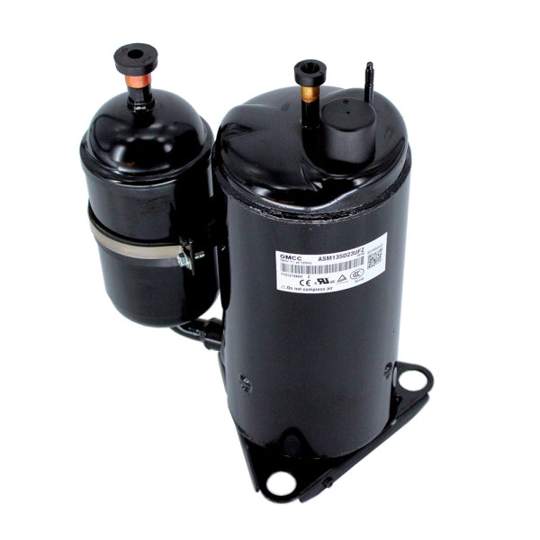 MRCOOL Compressor 11103020000006 showing black compressor with attached cylinder, capped fittings and mounting feet