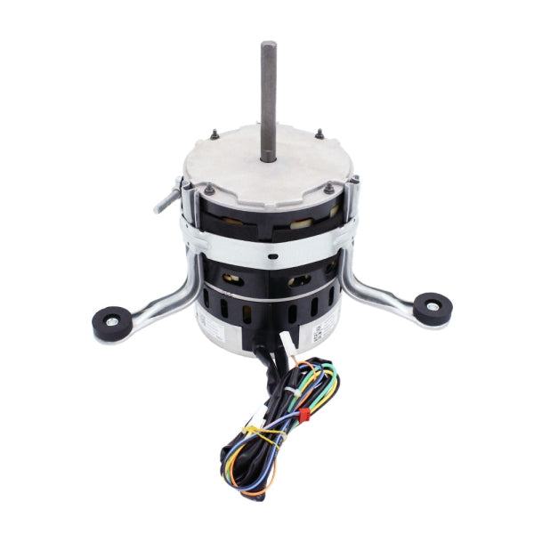 MRCOOL Fan Motor 11002015015862 showing vented cylindrical housing with three mounting arms and colored leads