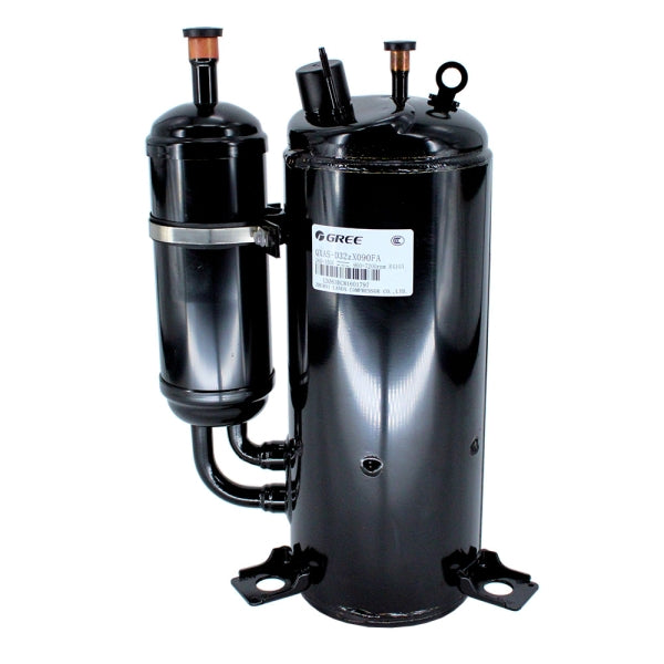 MRCOOL Compressor 009001060218ST showing black compressor body with attached cylinder, copper fittings and mounting feet