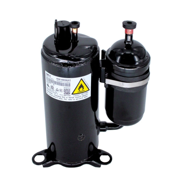 MRCOOL Compressor 11103020006459 showing black compressor with attached cylinder, capped fittings and mounting feet