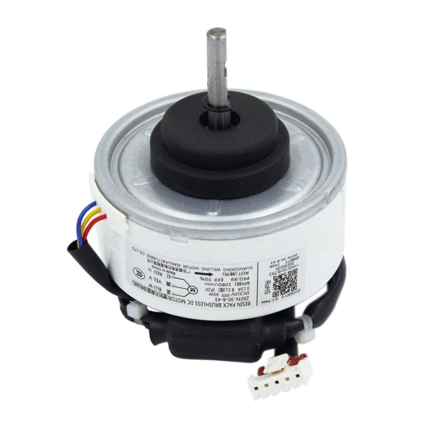 MRCOOL Fan Motor 11002015016793 showing white cylindrical housing with metal shaft and wiring connector