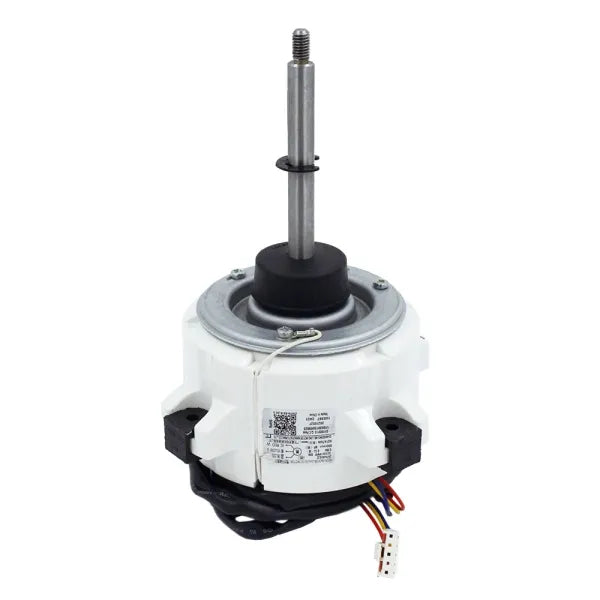 MRCOOL fan motor 11002015009825 with a long metal shaft, white housing, black mounting brackets and wiring connector