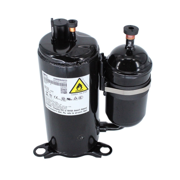 MRCOOL Compressor 11103020006759 showing black compressor with attached cylinder, capped fittings and mounting feet