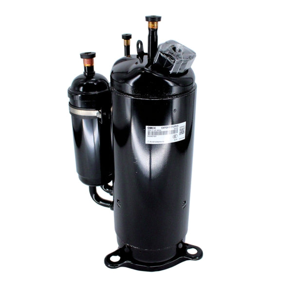 MRCOOL Compressor 11103020006399 showing black compressor with attached cylinder, capped fittings and mounting feet