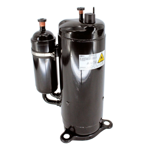 MRCOOL Compressor 11103020002859 showing black compressor with attached cylinder, capped fittings and mounting feet