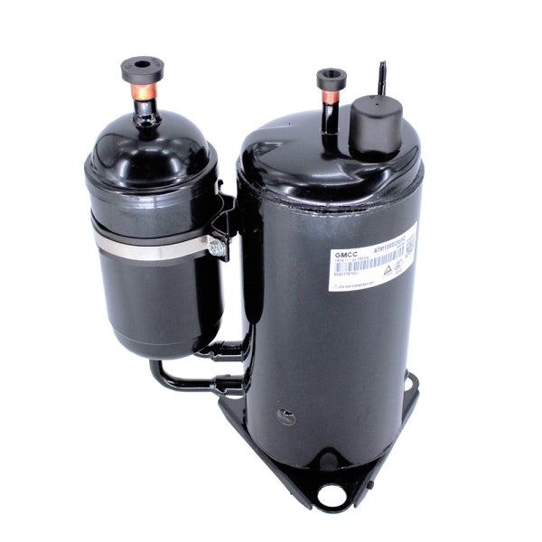 MRCOOL Compressor 11103020000499 showing black compressor with attached cylinder, capped fittings and mounting feet