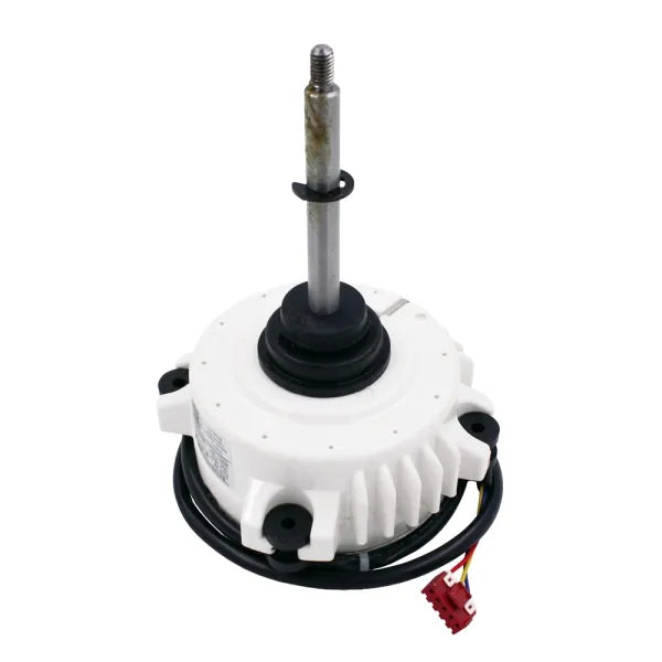 MRCOOL Motor 11002015016275 showing white ribbed housing, metal shaft and red wiring connector
