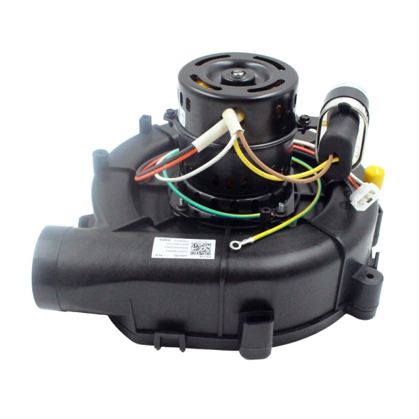 MRCOOL Combustion Blower and Motor Assembly 17400801010489 showing black blower housing and motor with colored wiring and connectors