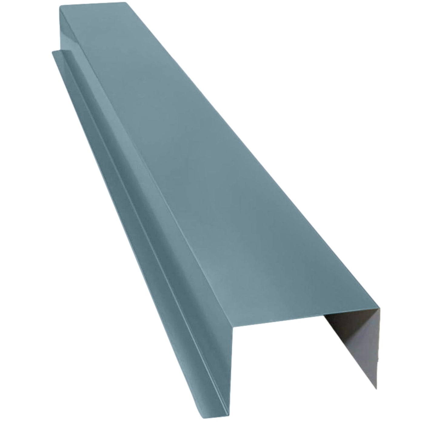 A long, gray, L-shaped metal Residential Series - Painted HVAC Line Set Cover Extensions - Additional 5 Foot Extension Section by Perma Cover, possibly used for roofing or construction purposes. The extension boasts a seamless and durable finish with a folded edge on one side and a slightly angled bent edge on the other. The surface appears smooth and uniform.