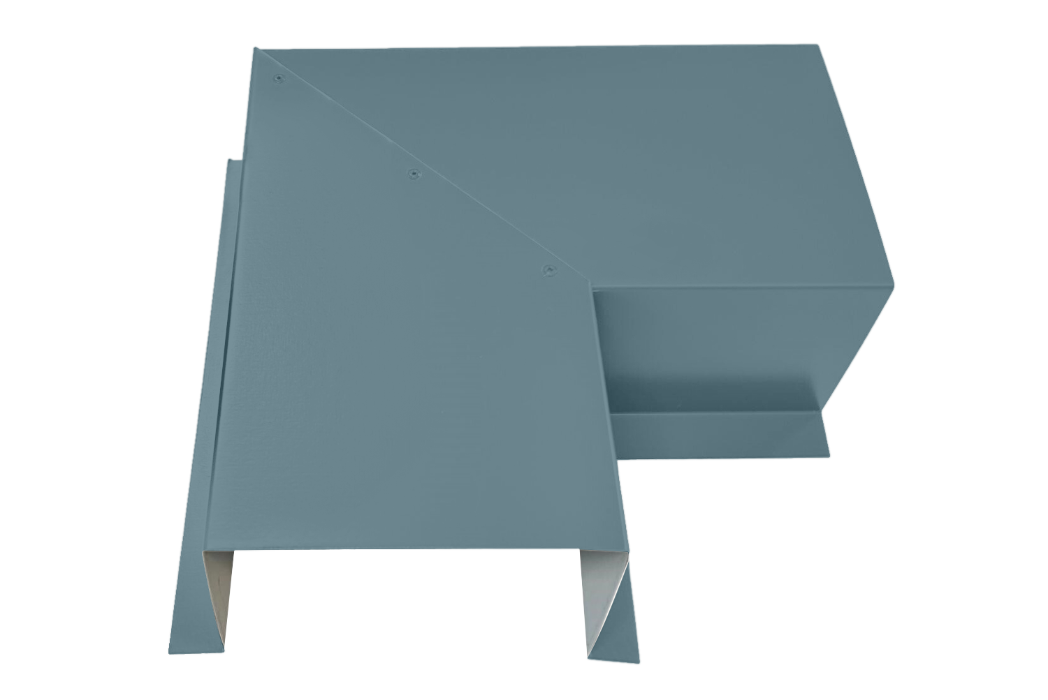 A blue, geometrically-shaped metal object with sharp angles and multiple flat surfaces. The design is abstract with triangular and rectangular sections interconnected, resembling a modern architectural or industrial component ideal for the Perma Cover Residential Series - Line Set Cover Side Turning Elbows - Premium Quality.