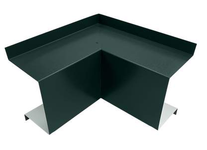 A premium-quality green metal corner flashing piece used in roofing for weatherproofing and waterproofing the joint where two roof surfaces meet. It is designed to prevent leaks and is typically installed at 90-degree angles, similar to Perma Cover Commercial Series - 24 Gauge Line Set Cover Inside Corner Elbows - Premium Quality in HVAC line set covers.