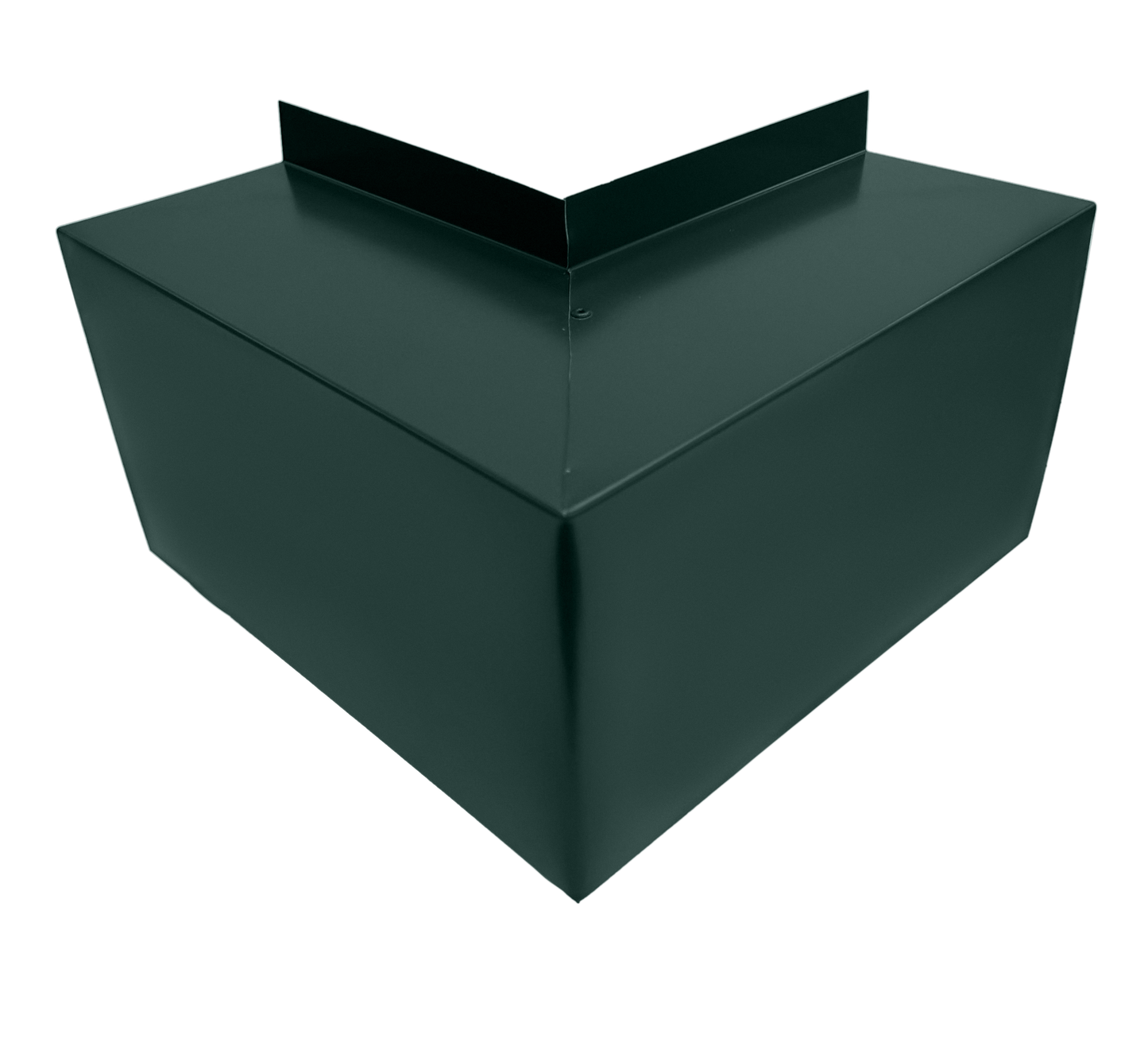 A close-up view of a dark green, angular metal structure with sharp edges and a v-shaped top. The object appears to be a decorative or functional element, possibly the Perma Cover Commercial Series - 24 Gauge Line Set Cover Outside Corner Elbows - Premium Quality, crafted from 24 gauge steel elbows for easy installation in architectural or construction settings.