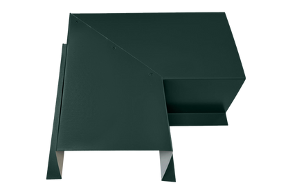 A dark green metal sheet, crafted from premium quality 24 gauge steel, is bent into a complex geometric shape featuring sharp angles and overlapping layers. The structure appears abstract and angular against a plain white background, hinting at easy installation. This intricate design is part of the Perma Cover Commercial Series - 24 Gauge Line Set Cover Side Turning Elbows - Premium Quality.