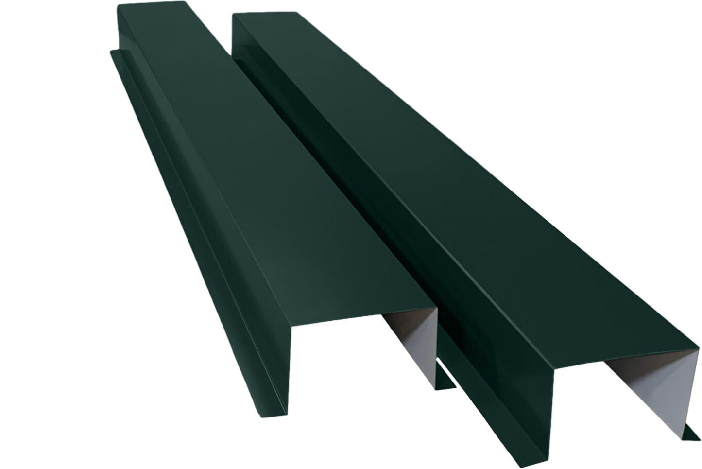 This image shows two pieces of Perma Cover Commercial Series - 24 Gauge Painted Metal HVAC Line Set Covers - Heavy Duty, Multiple Sizes & Colors in dark green used in construction. The pieces are long, rectangular, and have a bent shape, likely for use in roofing or siding to direct water away from the structure while also providing HVAC line protection.