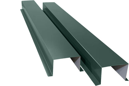 Two pieces of green metal flashing, shaped into a right-angle "L" profile, are placed side by side. Made from 24 gauge painted metal, these sturdy pieces are ideal for HVAC line protection in commercial series installations or roofing projects. The product in use is the Perma Cover Commercial Series - 24 Gauge Painted Metal HVAC Line Set Covers - Heavy Duty, Multiple Sizes & Colors.
