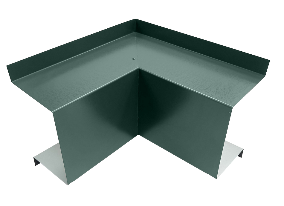 A green metal corner piece with smooth surfaces and sharp edges, forming an inward right-angle corner. This premium quality piece has vertical and horizontal extensions, suggesting its use in construction or roofing applications. Ideal for HVAC line set covers, the Perma Cover Commercial Series - 24 Gauge Line Set Cover Inside Corner Elbows - Premium Quality is set against a plain white background.